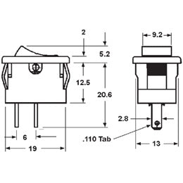 Mode 46-143-1 Rocker Switch SPST On-Off, 5A@125VAC / 3A@250VAC, Black with White Dot, Solder Terminals