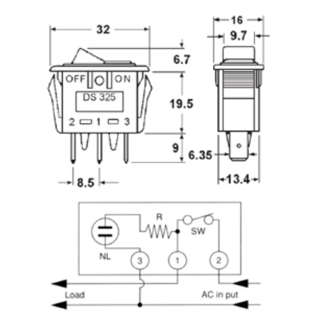 Mode 46-190-0 Rocker Switch SPST On-Off, 15A@125VAC, Amber Neon Indicator, QC Terminals