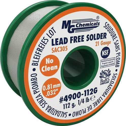 MG Chemicals 4900-112G 21AWG .032" Lead Free Solder No Clean 1/4LB Sn 96.2-96.8%/Ag 2.8-3.2%/Cu 0.4-0.6%