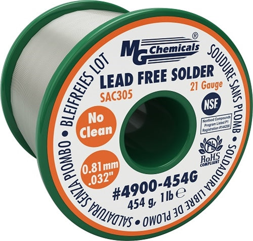 MG Chemicals 4900-454G SAC305 No Clean Solder Wire 2.2% Flux Core 0.81mm (0.032") 454 G (1 LB) 21AWG Spool