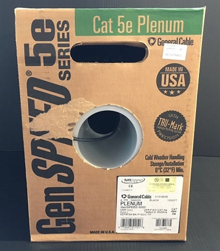 General Cable 5131683E 24AWG 8 Conductor (4PR) Cat5e Solid Unshielded Black PVC CMP Plenum FT6 (305M = Full Roll)