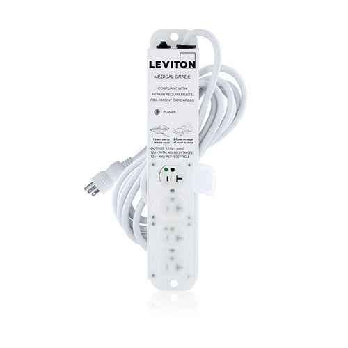 Leviton 5304M-2N5 Medical Grade Power Strip 4-OUTLETS, No Surge, NEMA 5-20P/5-20R, 20A (16A Max Continuous), 15'cord