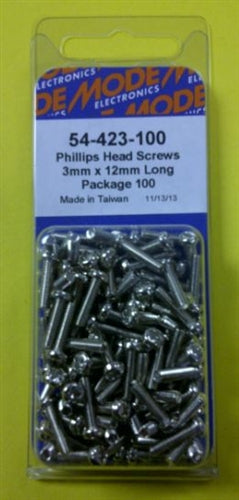 Mode 54-423-100 3mm x 12mm Nickel Plated Round Phillips Head Bolts / Screws (Metric) 100/Pack