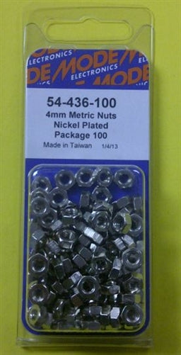 Mode 54-436-100 4mm Nickel Plated Nuts (Metric) 100/Pack
