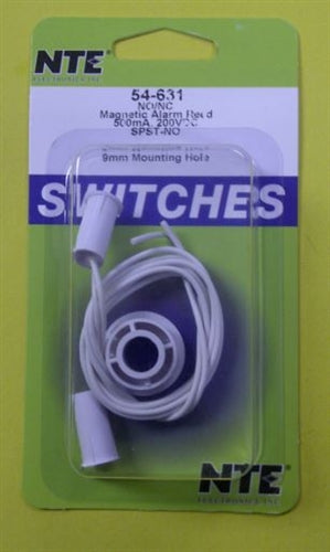 NTE 54-631 Resessed Mount Magnetic Reed Switch, 10W/Va SPST-NO, 3/8" White with 18" Leads, for Closed Loop Alarm System