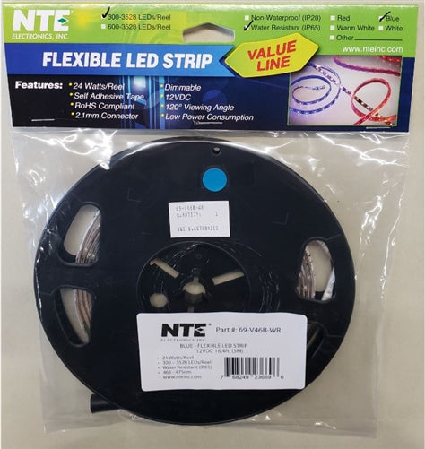 NTE 16.4ft (5M) 12V 24W Blue LED Strip 69-V46B-WR Pre-Wired 2.1mm Plug End, Water Resistant (Center +)