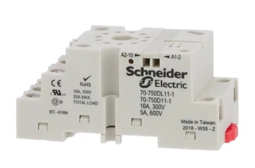 Schneider 70-750D11-1 / 70-750DL11-1 Relay Base / Socket 3PDT 11 Pin Octal, DIN Rail or Panel Mount, 16A@300V & 5A@600V