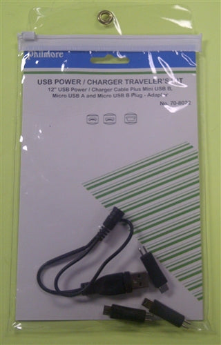 Philmore 70-8022 USB Traveler's Power Kit, with 12" Cable & 2 Pin to Male Plugs: Mini USB B, Micro USB a & Micro USB B