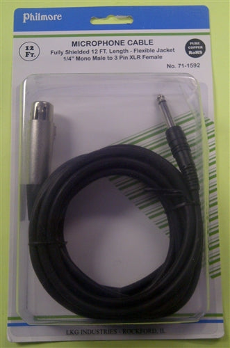 Philmore 71-1592 Unbalanced 3 Pin Female XLR to 1/4" Male Phone Plug Cable, 12' Length