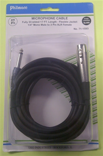 Philmore 71-1593 Unbalanced 3 Pin Female XLR to 1/4" Male Phone Plug Cable, 17' Length