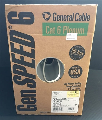 General Cable 7131801 23AWG 8 Conductor (4PR) Solid Unshielded White PVC Cat6 CMP Plenum FT6 (305M = Full Roll)