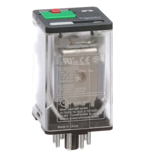 Schneider 750XBXRM4L-24A Relay 24VAC DPDT 8 Pin Octal, 10A@277VAC/30VDC, cUL/CSA