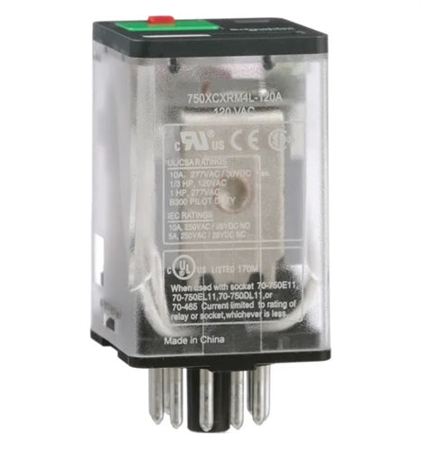 Schneider 750XCXRM4L-120A Relay 120VAC 3PDT 11 Pin Octal, 10A@277VAC/30VDC, cUL/CSA