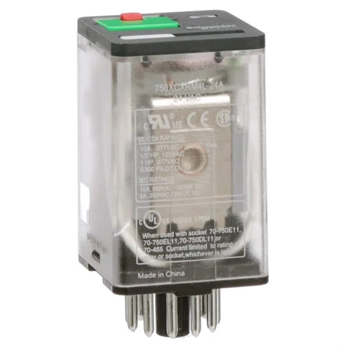 Schneider 750XCXRM4L-24A Relay 24VAC 3PDT 11 Pin Octal, 10A@277VAC/30VDC, cUL/CSA