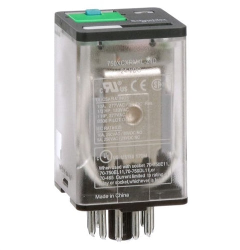Schneider 750XCXRM4L-24D Relay 24VDC 3PDT 11 Pin Octal, 10A@277VAC/30VDC, cUL/CSA