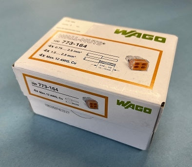 Wago 773-164 Standard Terminal Block Orange, 4 Contacts, 18-12AWG, Wire Connector, 24A Current Rating, 100/Pack
