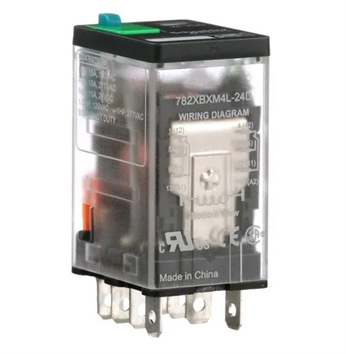 Schneider 782XBXM4L-24D Relay 24VDC DPDT "Icecube" 8 Pin, CSA: 15A@150VAC/28VDC 10A@277VAC, with Test Button & LED