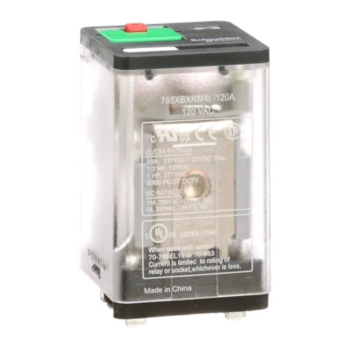 Schneider 788XBXRM4L-120A Relay 120VAC DPDT 8 Pin, 10A@277VAC/30VDC, with Test Button & LED, cUL/CSA