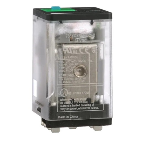 Schneider 788XCXRM4L-24D Relay 24VDC 3PDT 11 Pin, 10A@277VAC/30VDC, with Test Button & LED, cUL/CSA