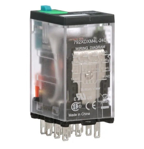 Schneider 792XDXM4L-24D Relay 24VDC 4PDT "Icecube" 14 Pin, 6A@277VAC, 8A@120VAC/30VDC, with Test Button & LED, cUL/CSA