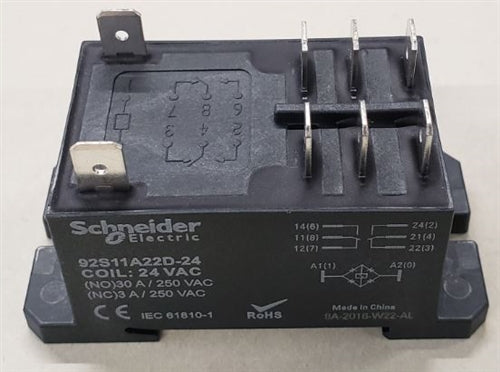 Schneider 92S11A22D-24 Power Relay 24VAC DPDT 30A-NO/3A-NC, Flange Mount Style