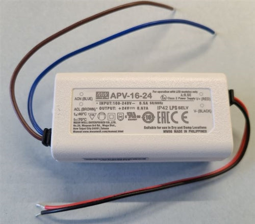 Mean Well APV-16-24 LED Driver / Power Supply AC-DC 24V 0.67A 100-264V in, Enclosed, Panel Mount, Constant Voltage