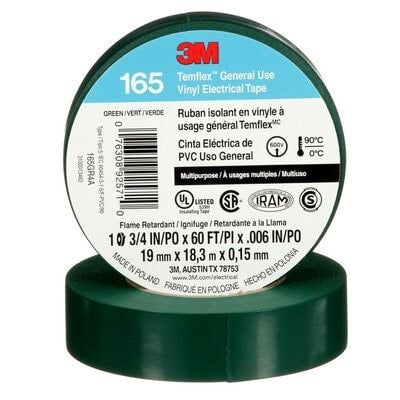 3M Temflex Green Colour Coding General Use Vinyl Electrical Tape, 18.3 Meter Roll **CSA Rated**