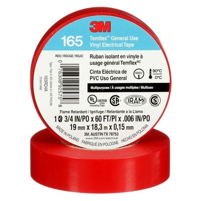 3M Temflex Red Colour Coding General Use Vinyl Electrical Tape, 18.3 Meter Roll **CSA Rated**
