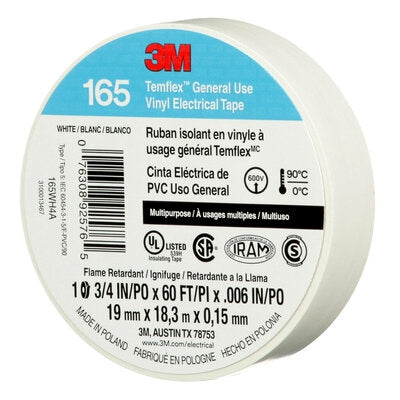 3M Temflex White Colour Coding General Use Vinyl Electrical Tape, 18.3 Meter Roll **CSA Rated**