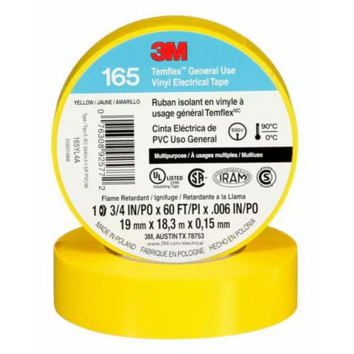 3M Temflex Yellow Colour Coding General Use Vinyl Electrical Tape, 18.3 Meter Roll **CSA Rated**