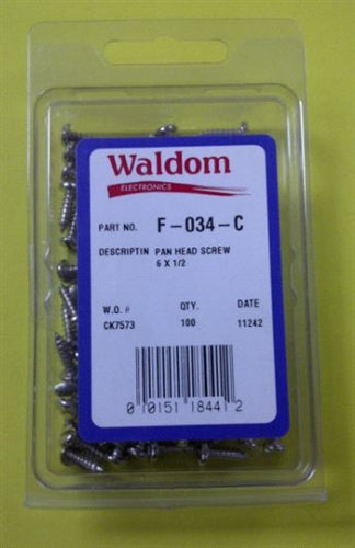 Waldom F034C Pan Head Sheet Metal Screws #6 x 1/2", 100/Pack