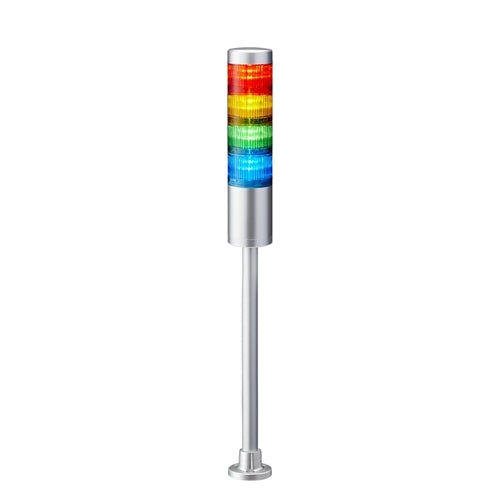 Patlite LR6-402PJNU-RYGB 60mm 4-Tier Signal Tower, 24V DC, Pole Mount with Circular Bracket and Cable, No Flashing/Buzzer, Silver