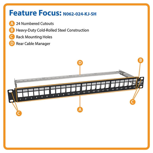Tripplite N062-024-KJ-SH 24-Port 1U Rack-Mount Shielded Blank Keystone/Multimedia Patch Panel, RJ45, USB, HDMI, Cat5e/6