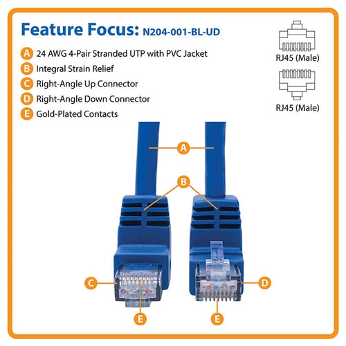 Tripplite N204-001-BL-UD Blue 1ft Up/Down-Angle Cat6 Gigabit Molded UTP Ethernet Cable (RJ45 Up-Angle M to RJ45 Down M)