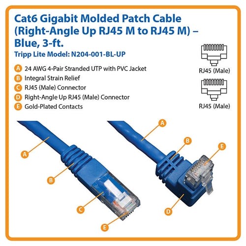 Tripplite N204-001-BL-UP Blue 1ft Up-Angle Cat6 Gigabit Molded UTP Ethernet Cable (RJ45 Right-Angle Up M to RJ45 M)