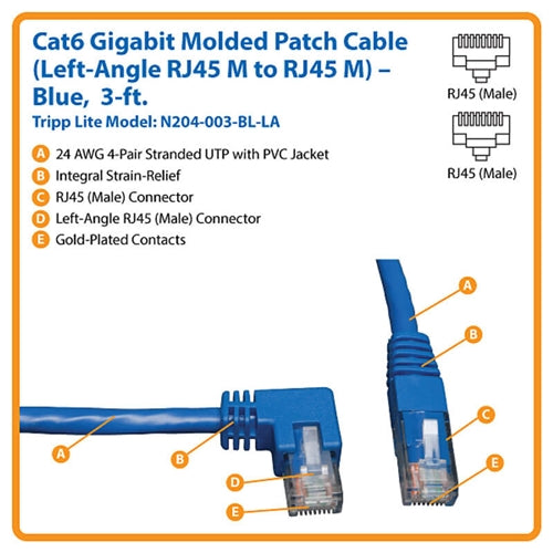 Tripplite N204-003-BL-LA Blue 3ft Left-Angle Cat6 Gigabit Molded UTP Ethernet Cable (RJ45 Left-Angle M to RJ45 M)