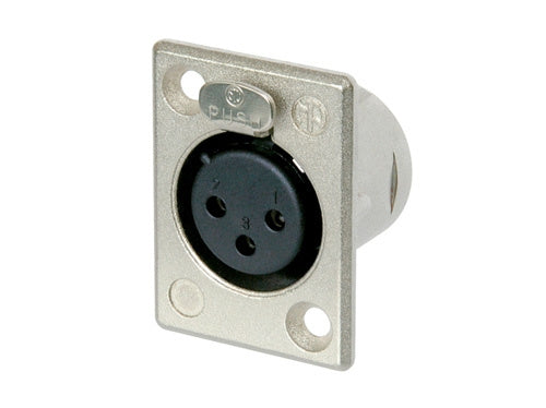 Neutrik NC3FP-1 3 Pin Female XLR Panel Mount Receptacle, Solder Contacts, Nickel Housing, Silver Contacts