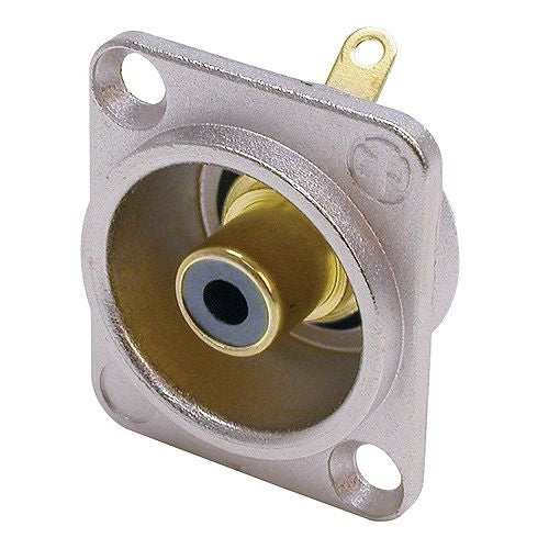 Neutrik NF2D-0 RCA Phono Socket in Nickel D-Size Housing, Black Isolation Washers, Solder Version