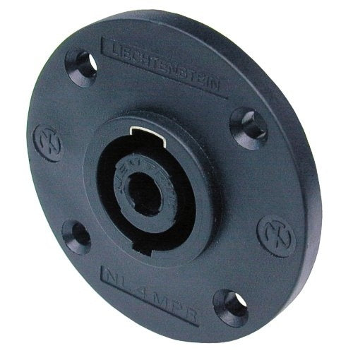 Neutrik NL4MPR 4 Pole Speakon Chassis Connector, Black Round G-Size Flange, Countersunk Thru Holes, 3/16" Flat Tabs