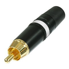 Rean Neutrik NYS373-9 Premium RCA Phono Plug with Gold Plated Contacts, Black Metal Housing & White Stripe