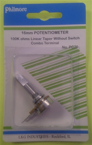 Philmore PC76 100k Ohm Linear Taper Potentiometer, No Switch, Combo Terminals