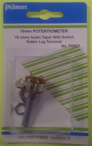Philmore PC825 1k Ohm Log / Audio Taper Potentiometer, with Switch, Solder Lug Terminals