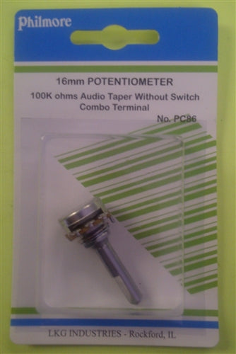 Philmore PC86 100k Ohm Log / Audio Taper Potentiometer, No Switch, Combo Terminals