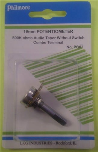 Philmore PC87 500k Ohm Log / Audio Taper Potentiometer, No Switch, Combo Terminals