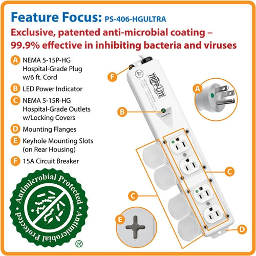 Tripplite PS-406-HGULTRA Medical-Grade Power Bar 6' Cord 4x 15A Hospital-Grade Outlets, UL60601-1
