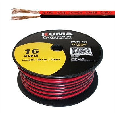 Circuit-Test PW16-100 16AWG Two Conductor Bonded Parallel Wire, Low Voltage DC Power Cable, 100ft Roll