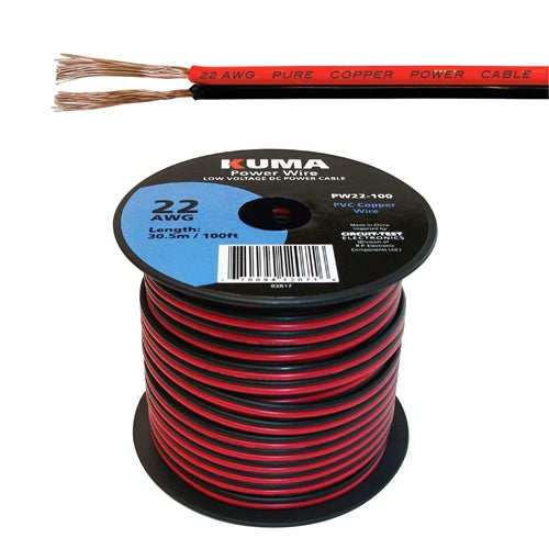 Circuit-Test PW22-100 22AWG Two Conductor Bonded Parallel Wire, Low Voltage DC Power Cable, 100ft Roll