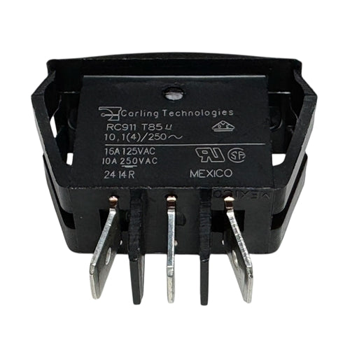 Carling RC911-RB-B-0-N Rocker Switch SPDT On-Off-On, 16A@125VAC / 10A@250VAC, Black, QC Terminals