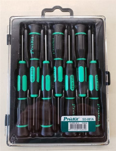 Proskit SD-081A 7-Piece Precision Electronics Screwdriver Set, 3 Phillips, 4 Slotted w/Rotational Cap Antislip Grip
