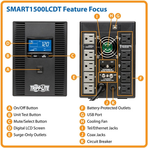 Tripplite SMART1500LCDT LCD Tower UPS 1500VA 900W 1O Outlets Line Interactive Sine Wave